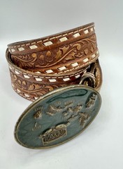 Vtg 1984 Arroyo GrandeBelt Buckle Hawaii Islands w Brown Tru-West Rockmount Belt