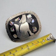 Mexican Alpaca Silver Belt Buckle Howling Wolf Coyote Black Enamel Abalone Inlay