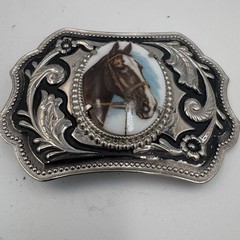 Vintage Western Horse Portrait Belt Buckle Silver Tone Floral Scrollwork Cowboy
