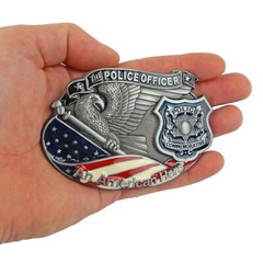 Police Officer Hero Belt Buckle Silver Tone Fits 1.5 inch Belts Enamel U.S. Flag