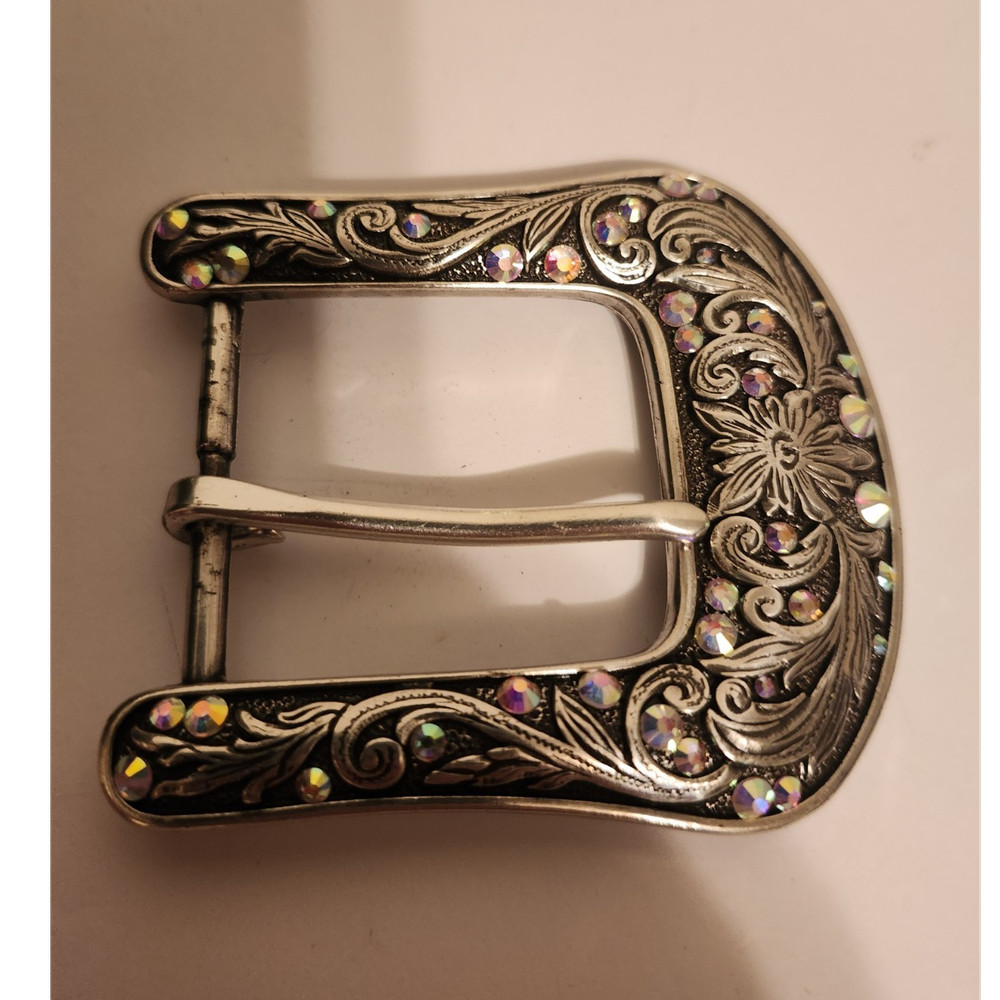 Ariat Western Frame Belt Buckle Silver Floral Rhinestone Fits 1.5 in