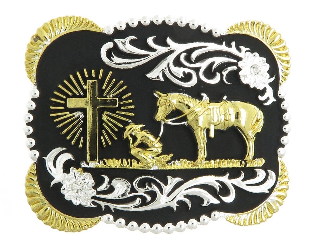 Praying Cowboy w/ Horse Cross Western Metal Belt Buckle