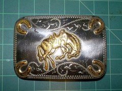 Vtg DENVER BUCKLE MFG Nickel SILVER Brass BRONCO Rodeo HORSE Shoes WESTERN Belt