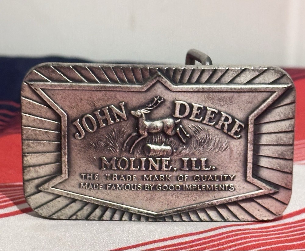 Vintage 1984 John Deere Silver Pewter Belt Buckle Moline, Illinois Cowboy Farmer