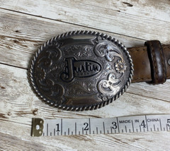 Justin Belt Mens Brown Leather Silver Tone Buckle Floral Scroll Western Cowboy