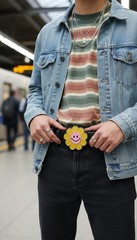 Unisex Belt Buckle Teen Women Fashion Yellow Flower Emoji Cartoon Kid 80&rsquo;s 70&rsquo;s