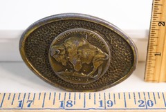 Vtg Brass Buffalo Nickel Bison Hammered Oval Belt Buckle Five Cents Western 70s