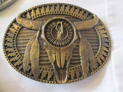 Southwestern Brass Tone Buffalo Skull & Feathers Buckle