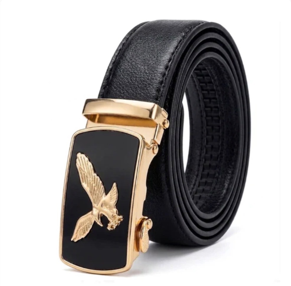 Men&rsquo;s Eagle Buckle Ratchet Belt Black PU Leather Adjustable 50&Prime; Waist