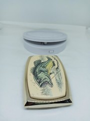 Vtg. RAINTREE ?Gold TnedMetal Ivory Color Large Mouth Bass Belt Buckle. Intricat