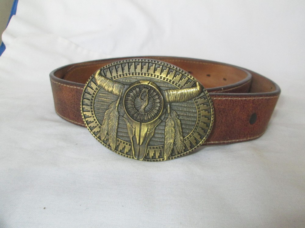 Justin Leather Brown Belt Sz 34 w/Western Brass Buffalo Skull & Feathers Buckle