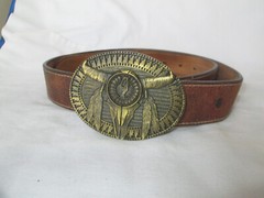 Justin Leather Brown Belt Sz 34 w/Western Brass Buffalo Skull & Feathers Buckle