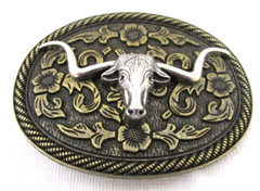 Bull Head and Floral Western Boho Belt Buckle