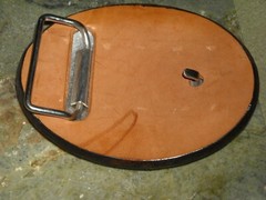 vintage leather laced tooled bull horns belt buckle 3 3/4X2 3/4&Prime;
