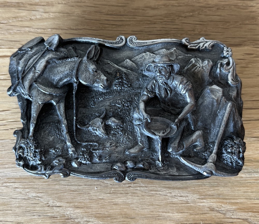 Vintage Pewter 3D Belt Buckle Arroyo Grande Buckle Co. 1981 Gold Mining Panning