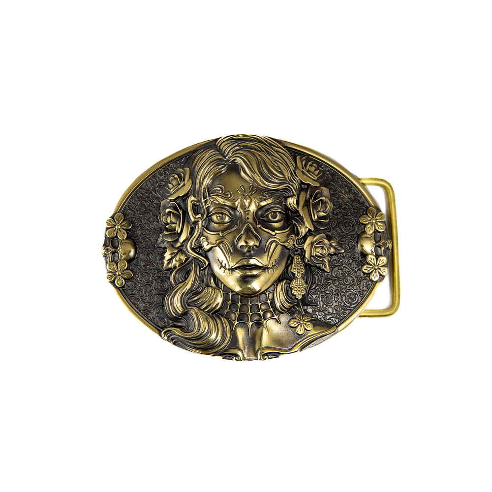 Sugar Skull Woman belt buckle, Skull El Día de Muertos, The Day of the Dead