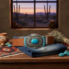 Men Silver Metal Belt Buckle Ethnic Western Vintage Fashion Turquoise Blue Beads