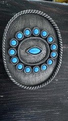 Western Oval Silver-Tone Belt Buckle Blue Stone Inlay Rope Edge 1.5in