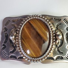 Vintage Southwestern Silver Tone Tigers Eye Belt Buckle Etched Design Cowboy