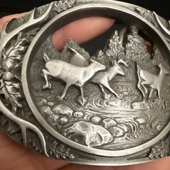NICE PEWTER 1990 C + J INC DEER SCENE AND ANTLER BELT BUCKLE MADE IN USA