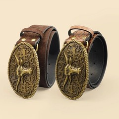 Retro Western Style Casual Belt with Antiqued Alloy Bullhead Buckle, a Versatile