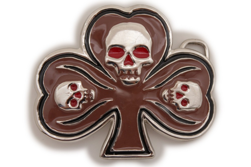 New Men Women Silver Belt Buckle Skull Skeleton Head Brown Clover Leaf Halloween