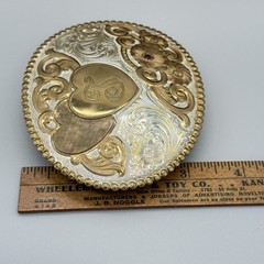 Crumrine Western Belt Buckle Cursive T Ruby Stone Silverplate Over Bronze Buckle