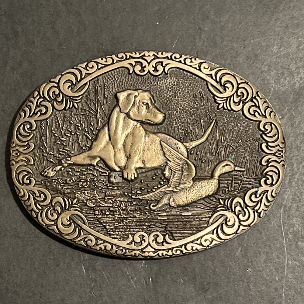 Solid Brass Hunting Scene Dog Lab and Duck Belt Buckle ADM Award Design Medals
