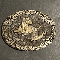 Solid Brass Hunting Scene Dog Lab and Duck Belt Buckle ADM Award Design Medals