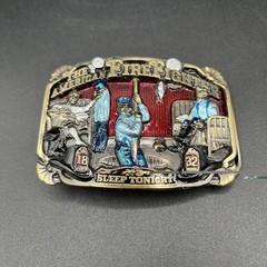 VTG. 1986 USA American Firefighter Belt Buckle « No Sleep Tonight » Brass, Enamel