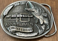 Vintage 1989 ZEBCO 40TH ANNIVERSARY Belt Buckle Limited Edition Fishing 2.75&Prime;
