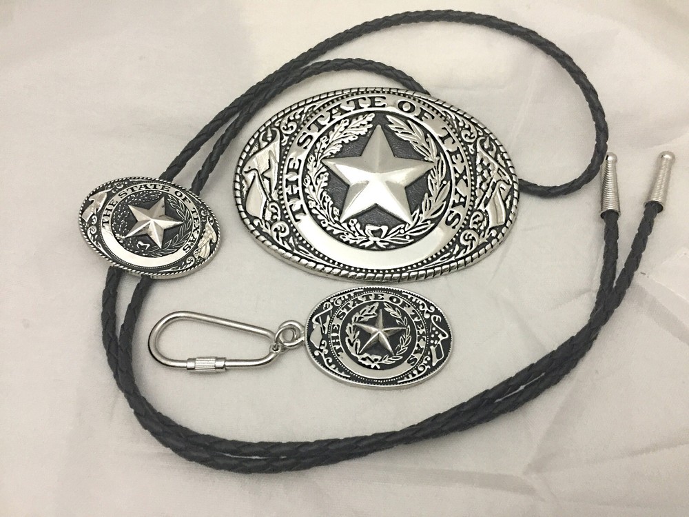 3 piece box set Great Seal of Texas Buckle Belt Buckle, Bolo & Key Ring Silver