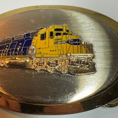 Gold Tone Oval Belt Buckle Die Cast Train Locomotive Yellow Blue