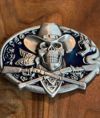 Cowboy Skull Blue Belt Buckle Western Gothic Biker Style Skull Guns Rodeo Punk