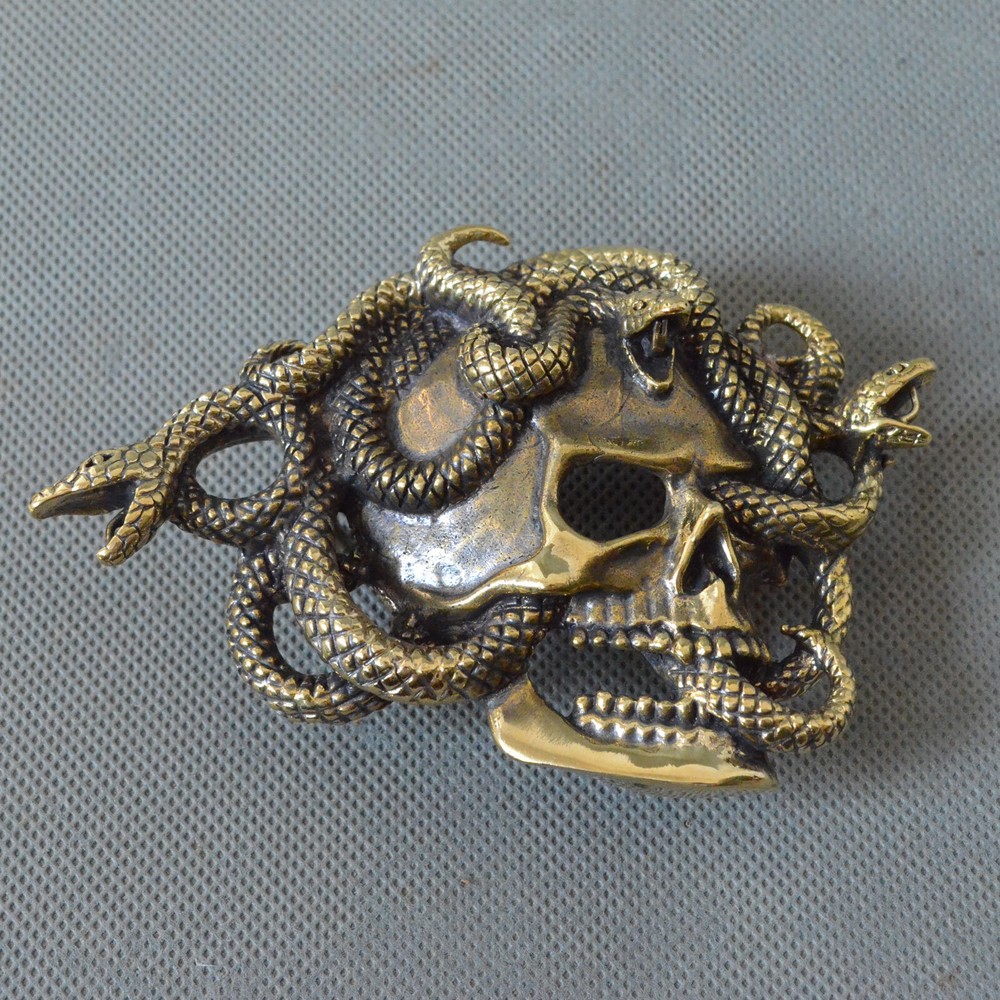 Casting Solid Brass Skull Snake Belt Buckle,Punk Skull Unique Men&rsquo;s Buckle, gift