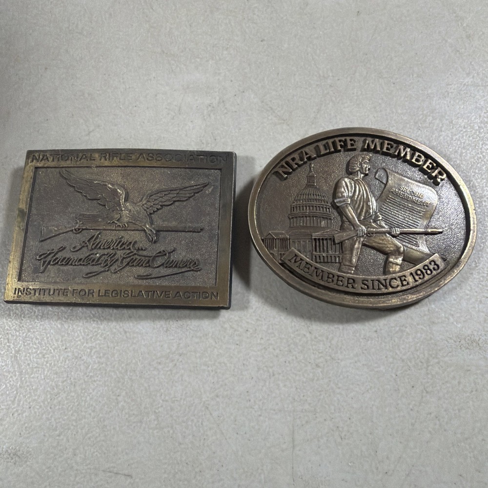 Set Of 2 NRA Life Member Solid Brass Belt Buckles
