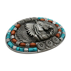 Men Women Dark Silver Metal Belt Western Native Indian Warrior Horse Oval Shape