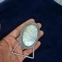 Golden Mother of Pearl Belt Buckle – Silver Plated Filigree Setting, Handmade
