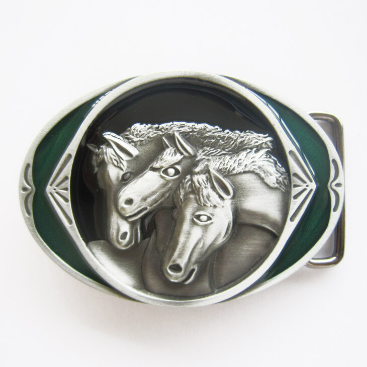 Three Horses Western Oval Cowboy Rodeo Green Enamel Metal Belt Buckle