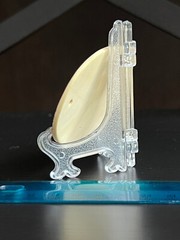 VTG Faux Bone Scrimshaw Carved Wild Goose Scenery&Display Stand/was Belt Buckle?