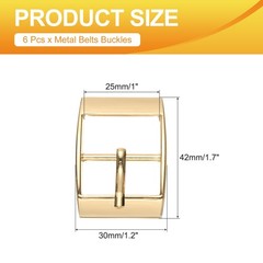 6 Pcs 1 Inch Single Prong Buckles Square Center Bar Buckles, Gold Tone