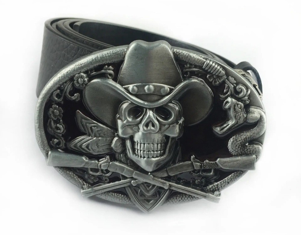 New Cowboy skull outlaw western Oval Silver Black Belt Buckle