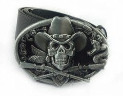New Cowboy skull outlaw western Oval Silver Black Belt Buckle