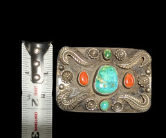 LARGE Southwestern Navajo Sterling 925 Turquoise Coral Belt Buckle vtg OLD PAWN