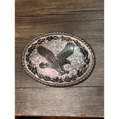 Western Belt Buckle Silver Tone Soaring Eagle Floral Oval Vtg W Made in USA Lg
