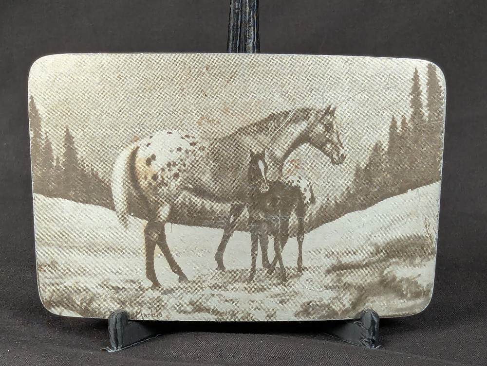 Vintage Perma-Tech Belt Buckle Appaloosa Mare and Foal Etched Aluminum 3.5 Inch