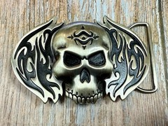 Skull with Flames Cutout Silver & Black Color Silver Moon Creations Belt Buckle