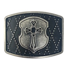 Pewter English Cross on a Shield w/ Black Background Belt Buckle 3-1/8” x 2-3/8”