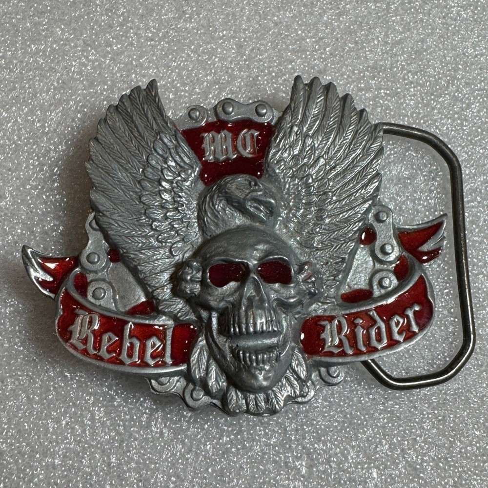 Winged Skull Eagle MC Rebel Rider Belt Buckle Silver Tone Red Enamel Reissue