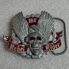 Winged Skull Eagle MC Rebel Rider Belt Buckle Silver Tone Red Enamel Reissue